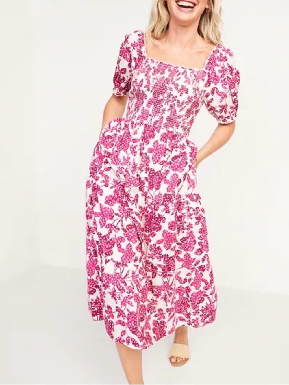 Old Navy Fit and Flair Smocked Square-Neck Tiered Midi Dress Size Medium